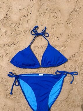 NEW Xhilaration Royal Blue Ribbed Triangle Bikini Set SZ XL